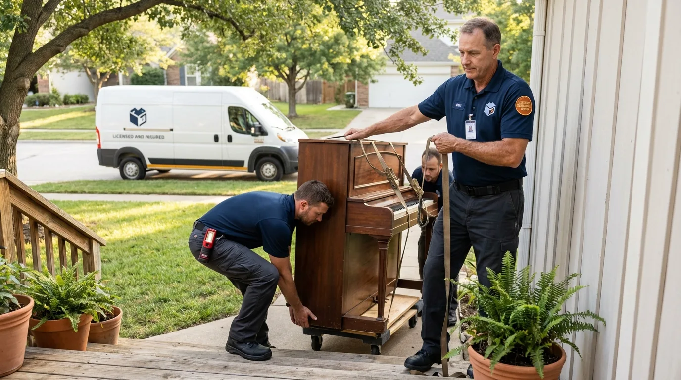 Licensed piano movers securing grand piano in Masury, OH