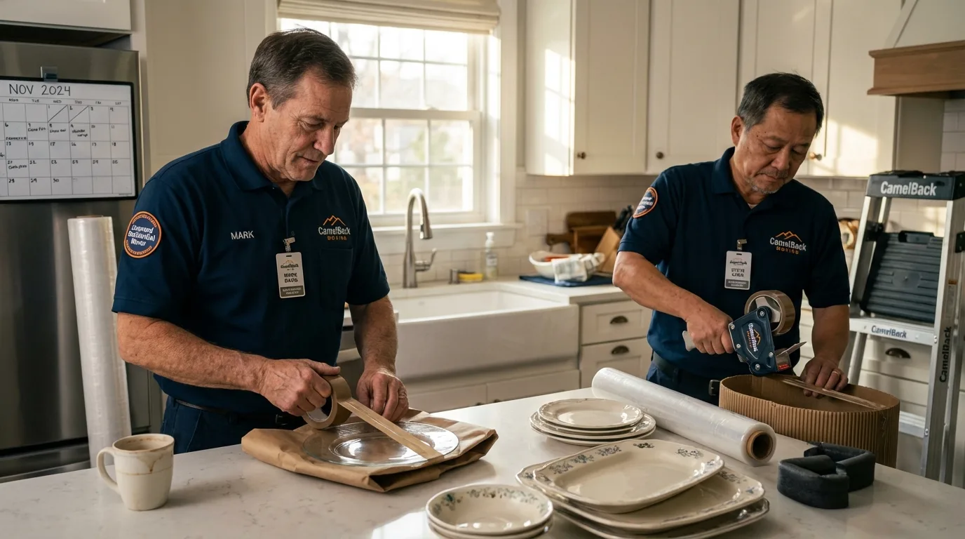 Professional crew packing kitchen dishware in Masury, OH